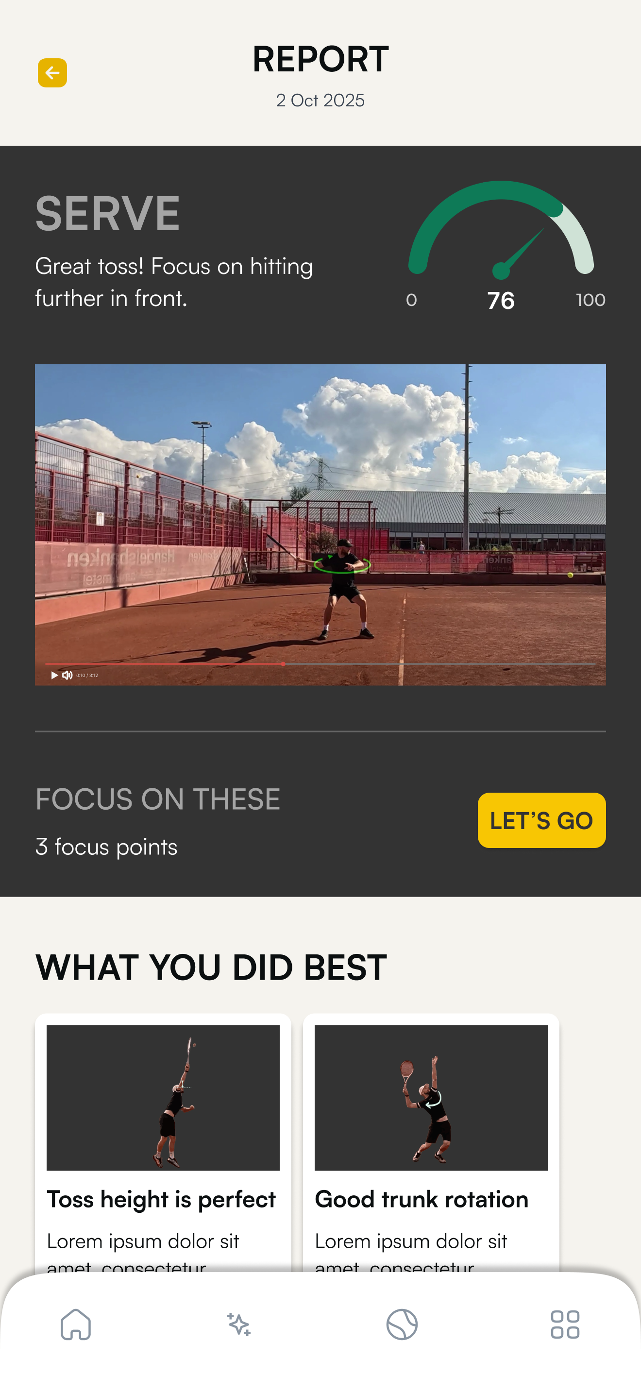 OffCourtz App - Serve Analysis Report showing score of 76 with video analysis and focus points